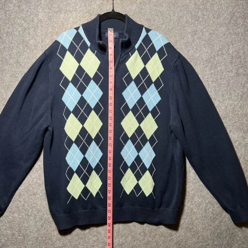 Vintage 90s Brooks Brothers Quarter Zip Sweater Mens XL Navy Blue Argyle‎